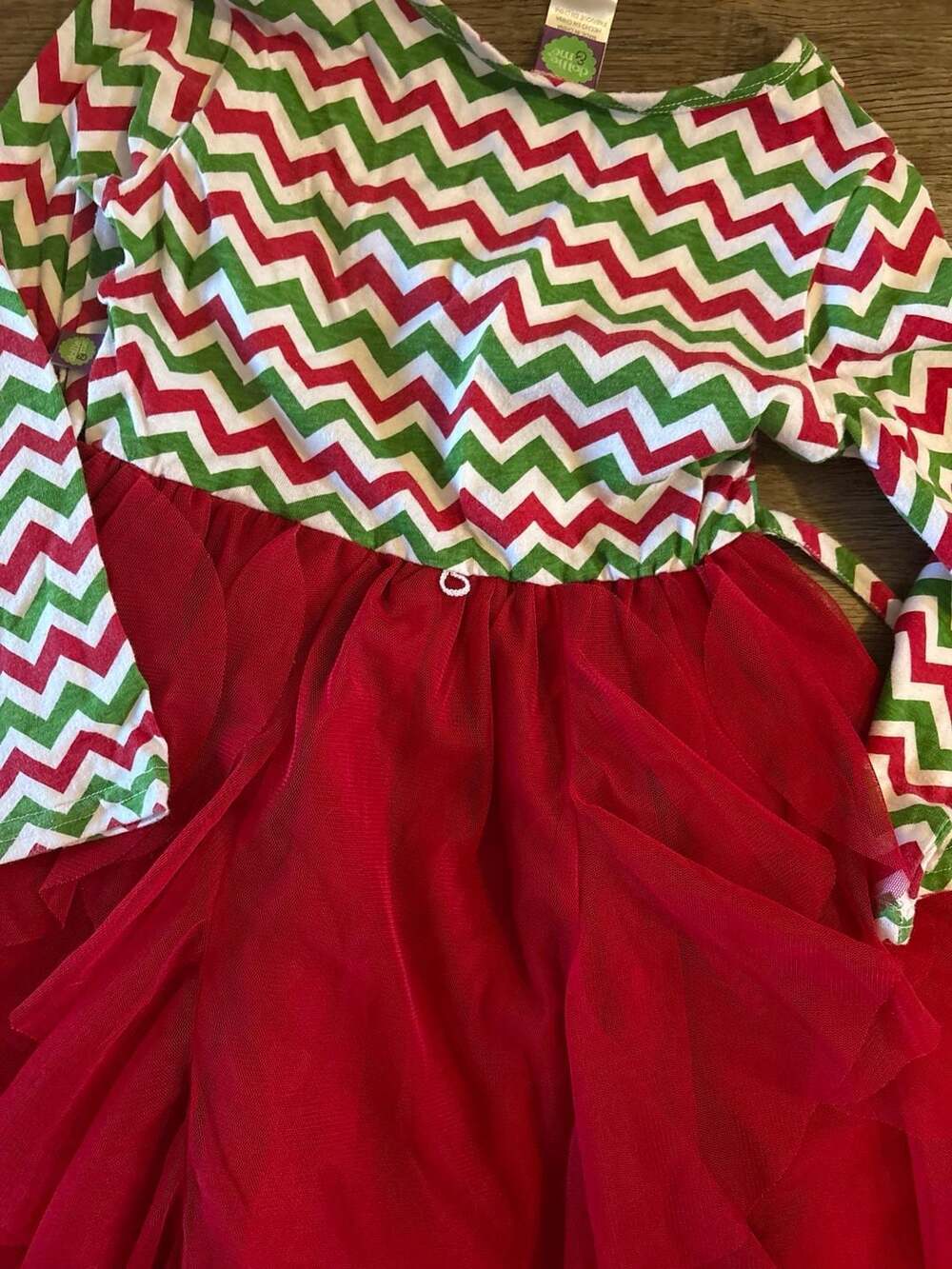 Dollie & Me Girls Red and Green Chevron Long Sleeve Tulle Holiday Dress Size 6 - Picture 4 of 4